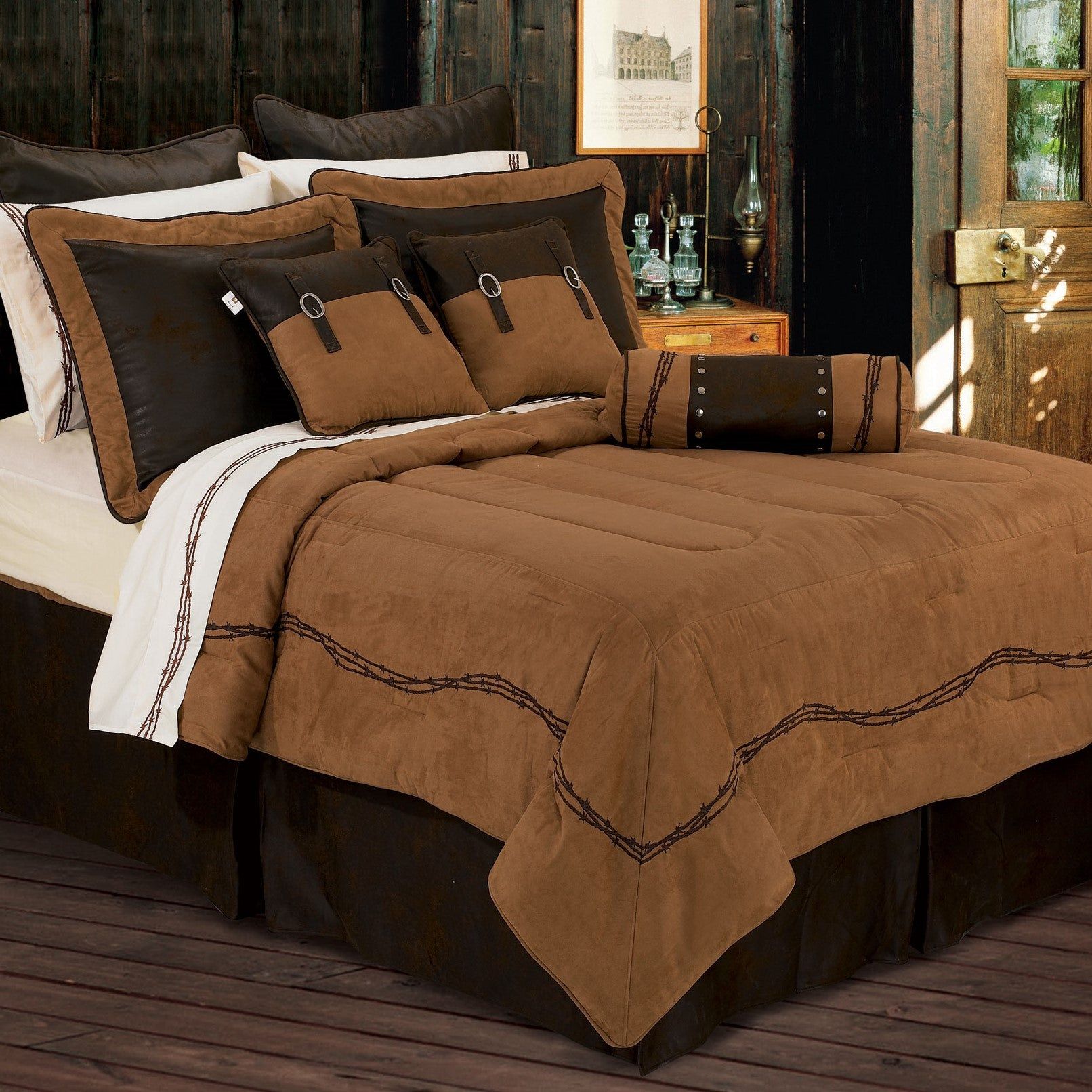 Rustic Barbwire - Full Barbwire Comforter Set (Set of 7) - Tan