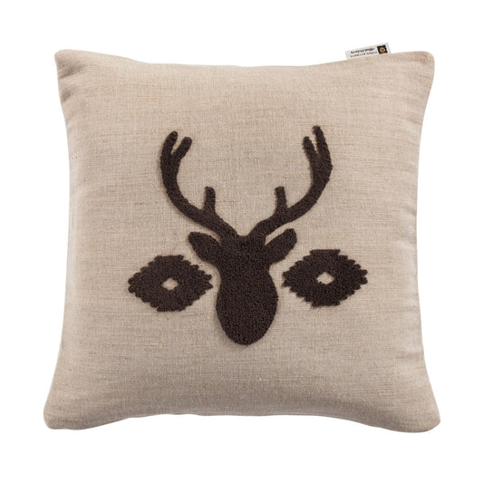 Aztec Bear - Aztec Deer Bust Embroidered Burlap Throw Pillow - Tan / Brown