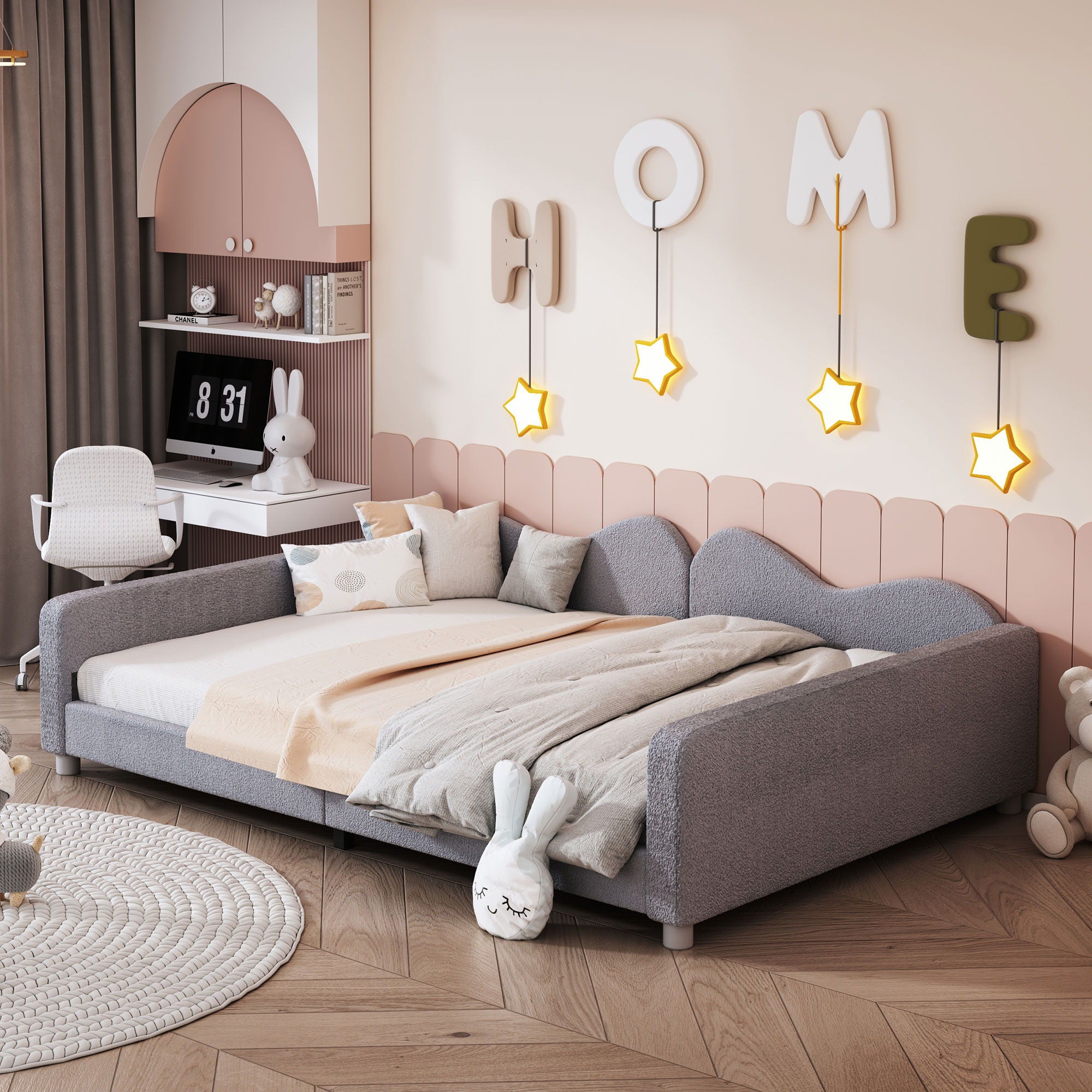 Upholstered Daybed, Sherpa Fabric Sofabed With Cloud-Shaped Backrest
