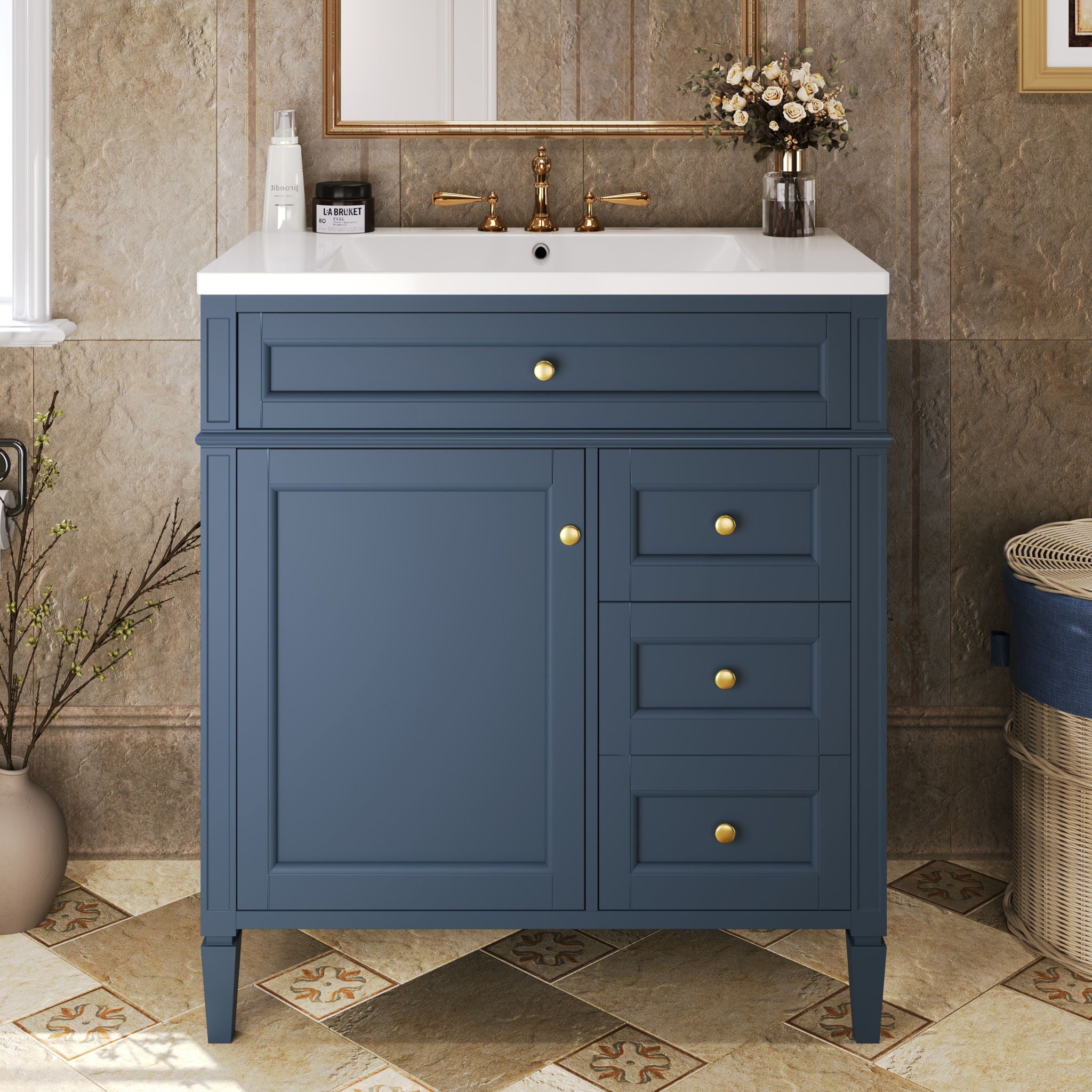 Single Bathroom Basin Sink, Vanity Top Only With 3 Faucet Holes