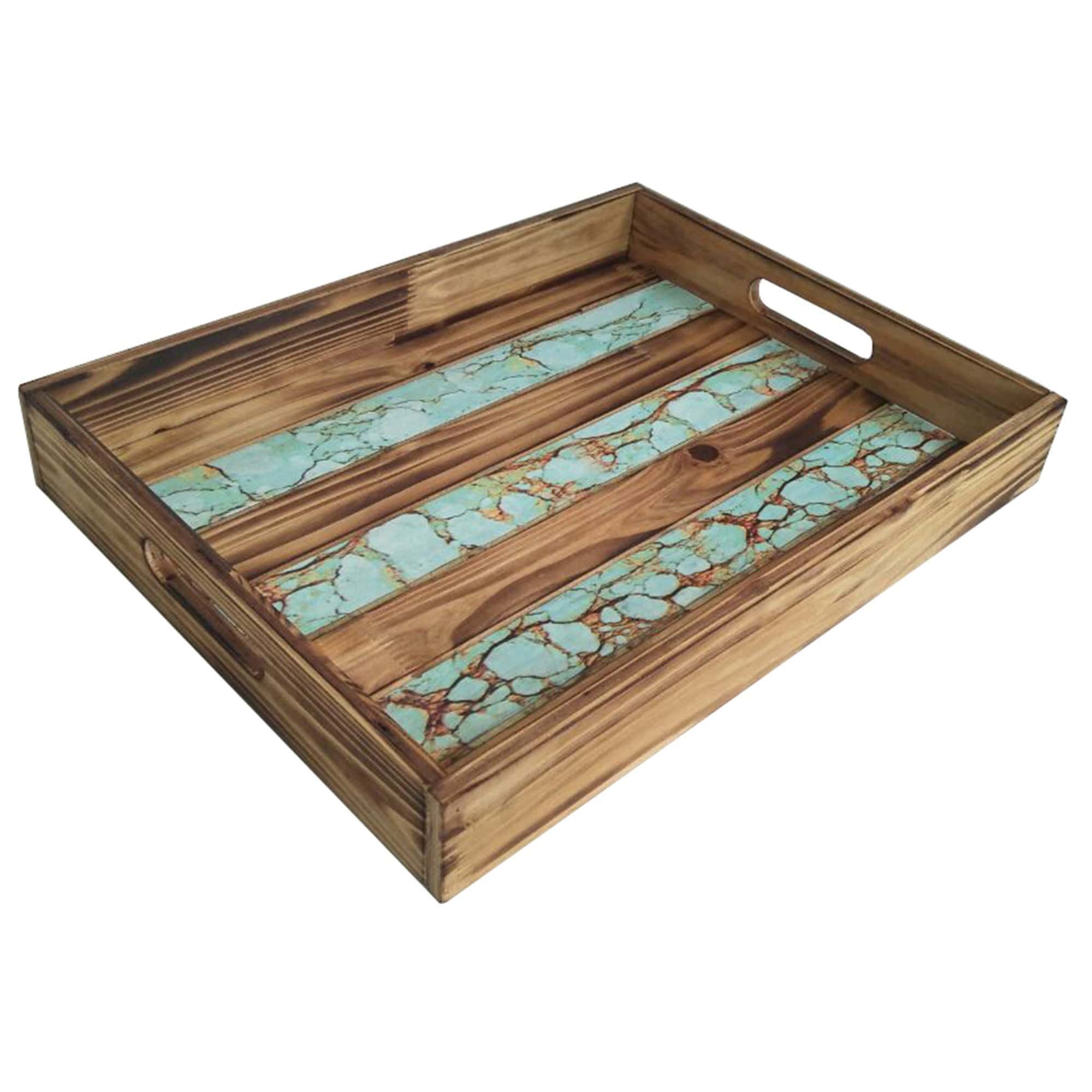 Wall Décor - Wooden Turquoise Inlay Tray 2 Per Carton - Turquoise / Brown