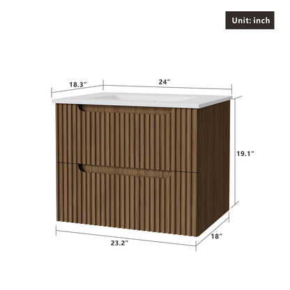 24" Wall Mount Bathroom Vanity Cabinet With - White Basin Sink Combo Floating - Walnut