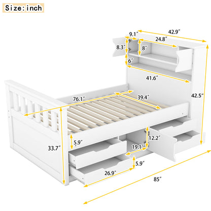 Captain Platform Bed Frame With Storage Bookcases, Shelves, And 4 Drawers