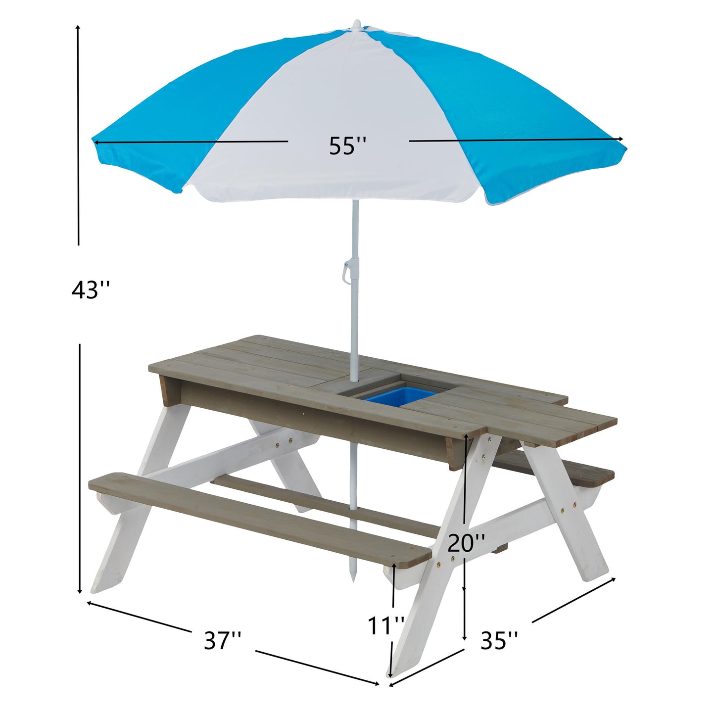 Wooden Kids Picnic Table, Sand And Water Table With Umbrella, Activity Table For Outdoor Backyard Patio Play - White / Gray