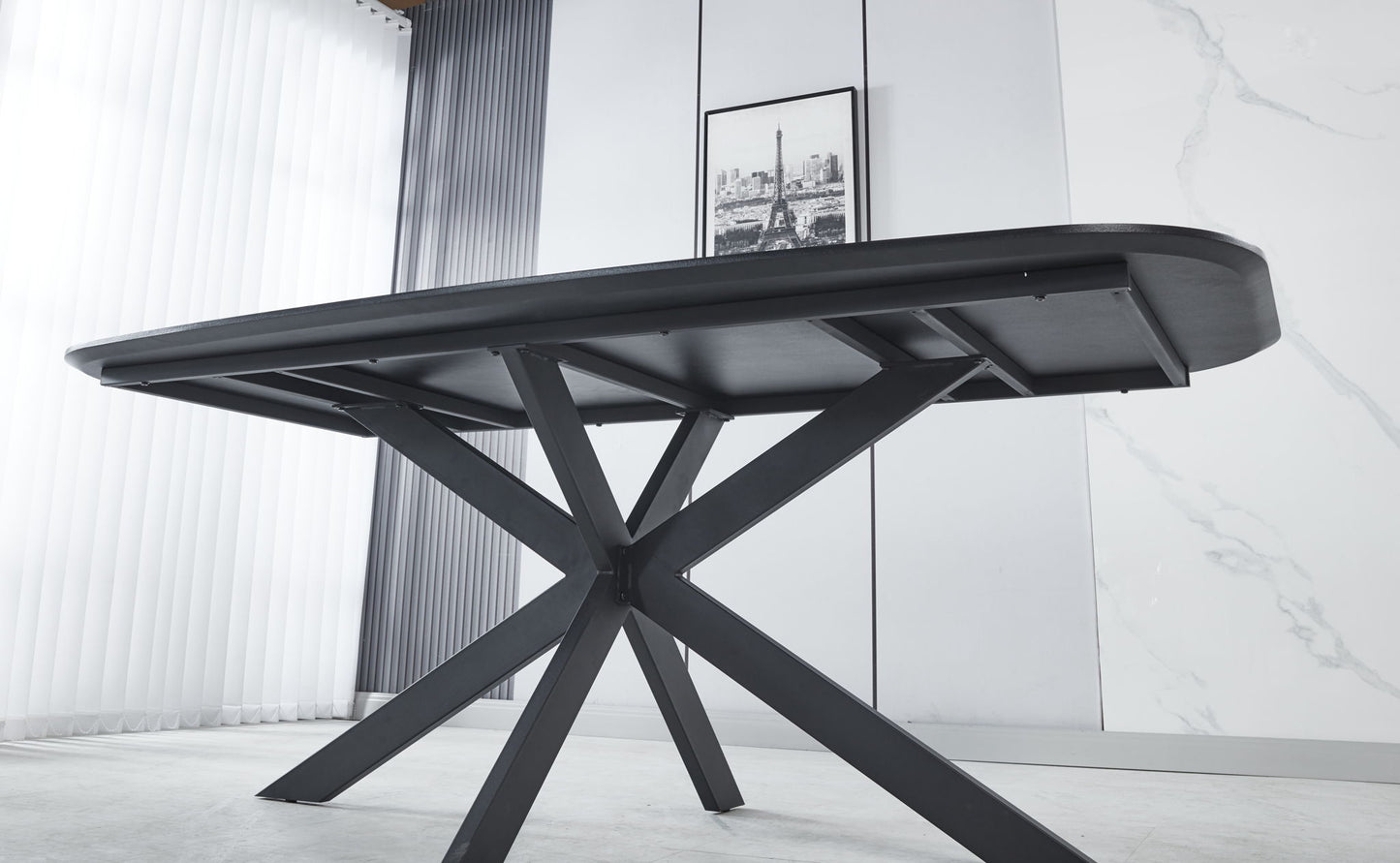 Modern Dining Table, MDF With Paper Finish, Metal Leg Powder Coating - Gray / Black