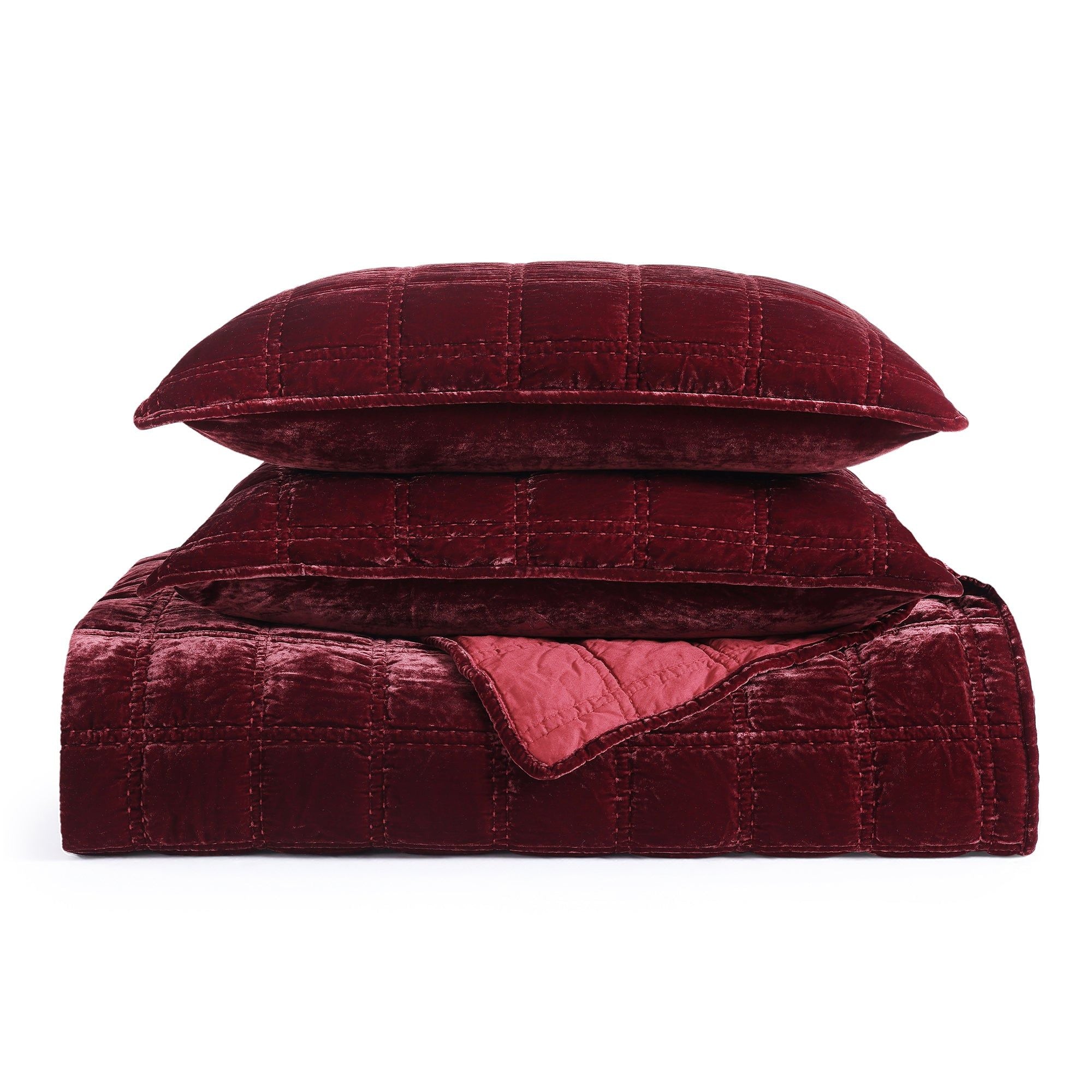 Stella - Full/Queen Faux Silk Velvet Double Box Stitch Quilt Set (Set of 3) - Garnet Red