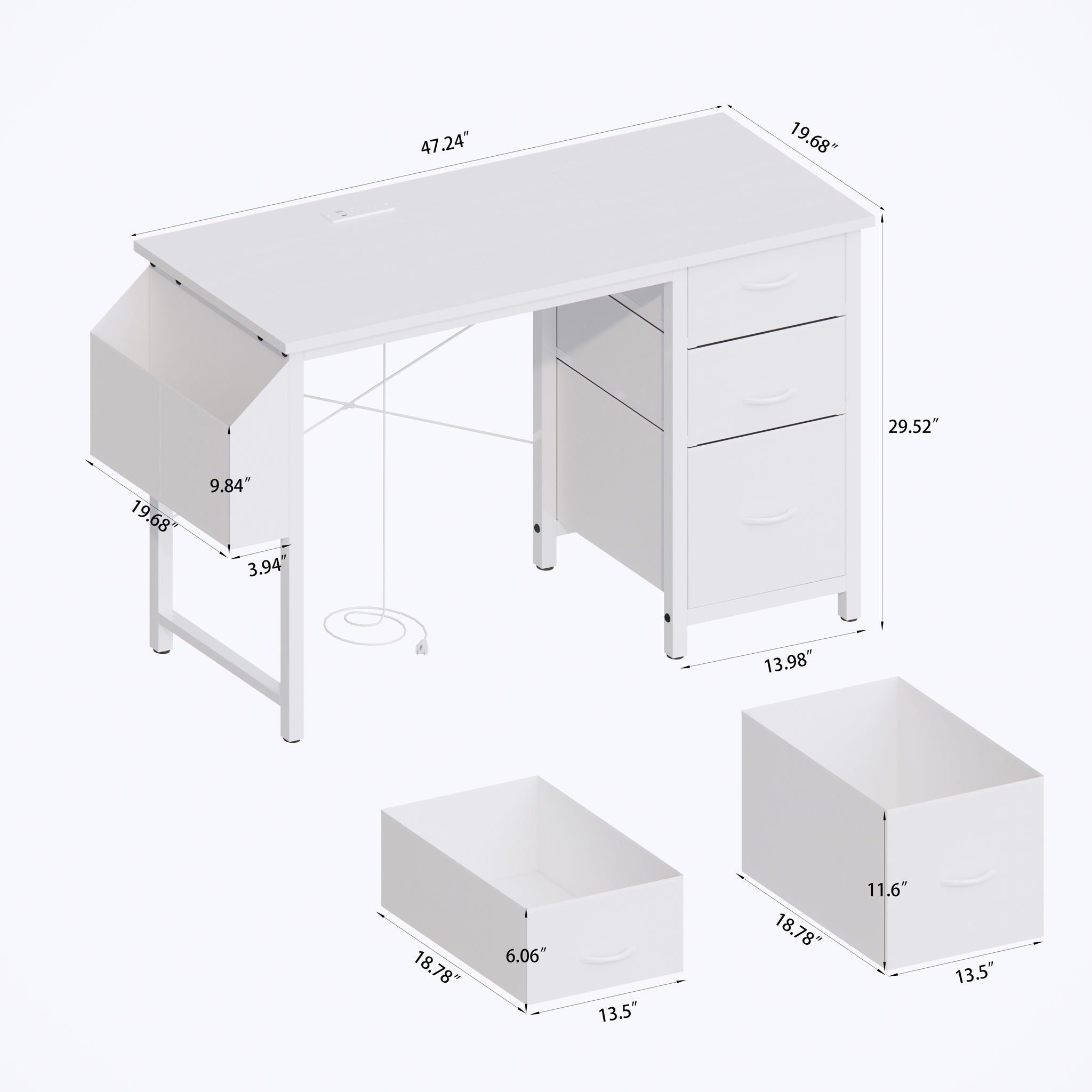 Office Desk With Power Outlet, 3 Drawers And Side Pocket For Office - White