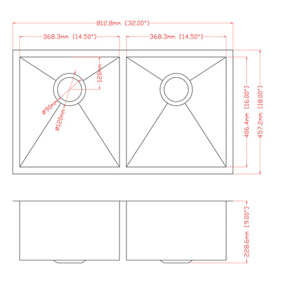 16 Gauge Undermount Double Bowl Kitchen Sink With 9" Deep Bowls - Brushed Nickel