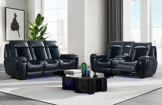 U0700 - Velvet Power Reclining Sofa / Power Console Reclining Loveseat / Power Recliner With LED - Blanche Black / Velvet