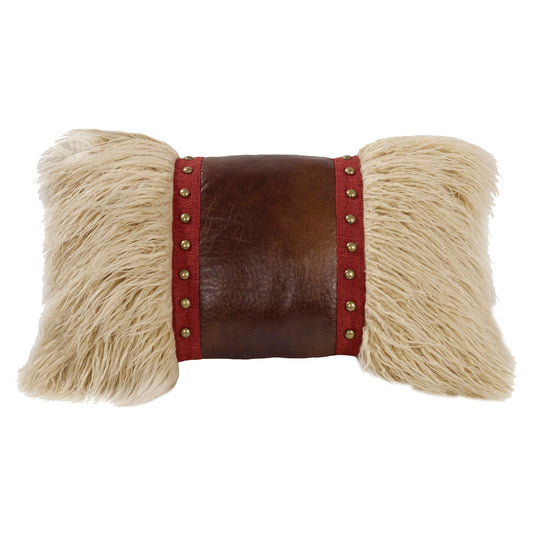 Ruidoso - Mongolian Fur Studded Leather Pillow - Cream / Brown / Red