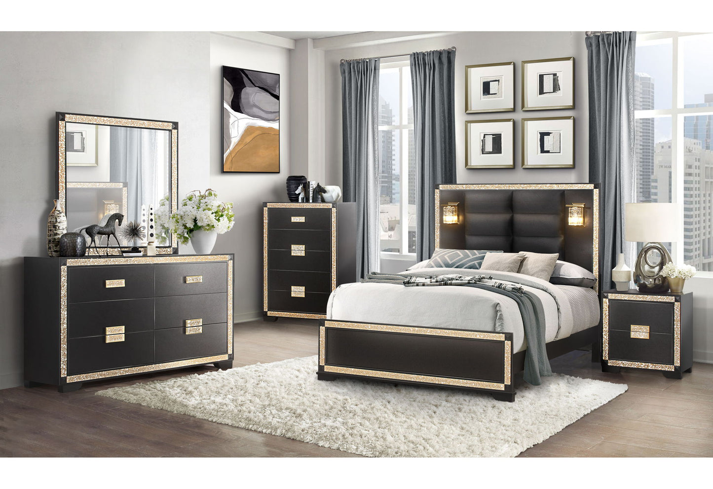 Blake - 6 Piece Queen Bedroom Set (Bed, Dresser, Mirror, 2 Nightstands, Chest) - Black / Gold