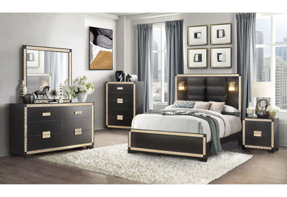 Blake - 6 Piece Queen Bedroom Set (Bed, Dresser, Mirror, 2 Nightstands, Chest) - Black / Gold