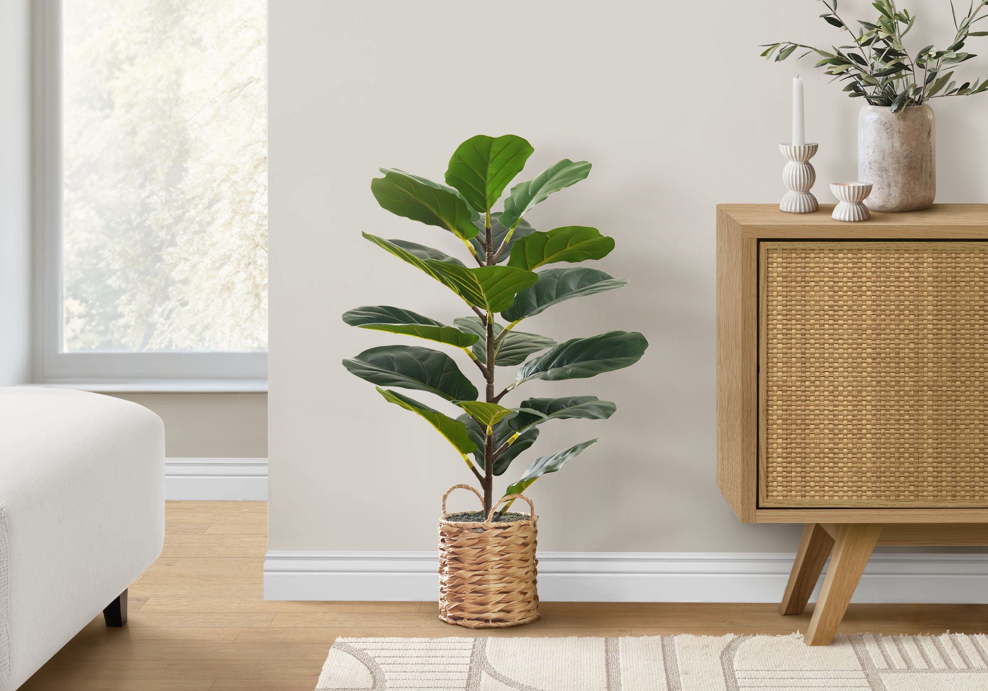 28" Tall, Artificial Plant, Fiddle Tree, Indoor, Faux, Fake, Floor, Greenery, Potted, Real Touch, Decorative - Green / Beige