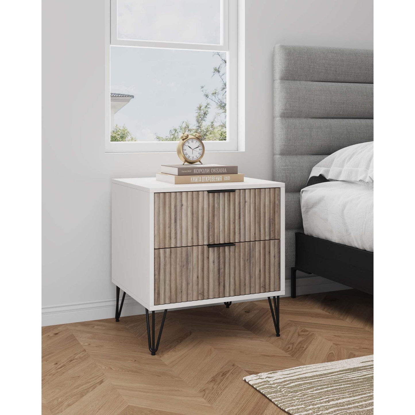 Dumbo - Fluted Nightstand With 2 Drawers - Gray / White