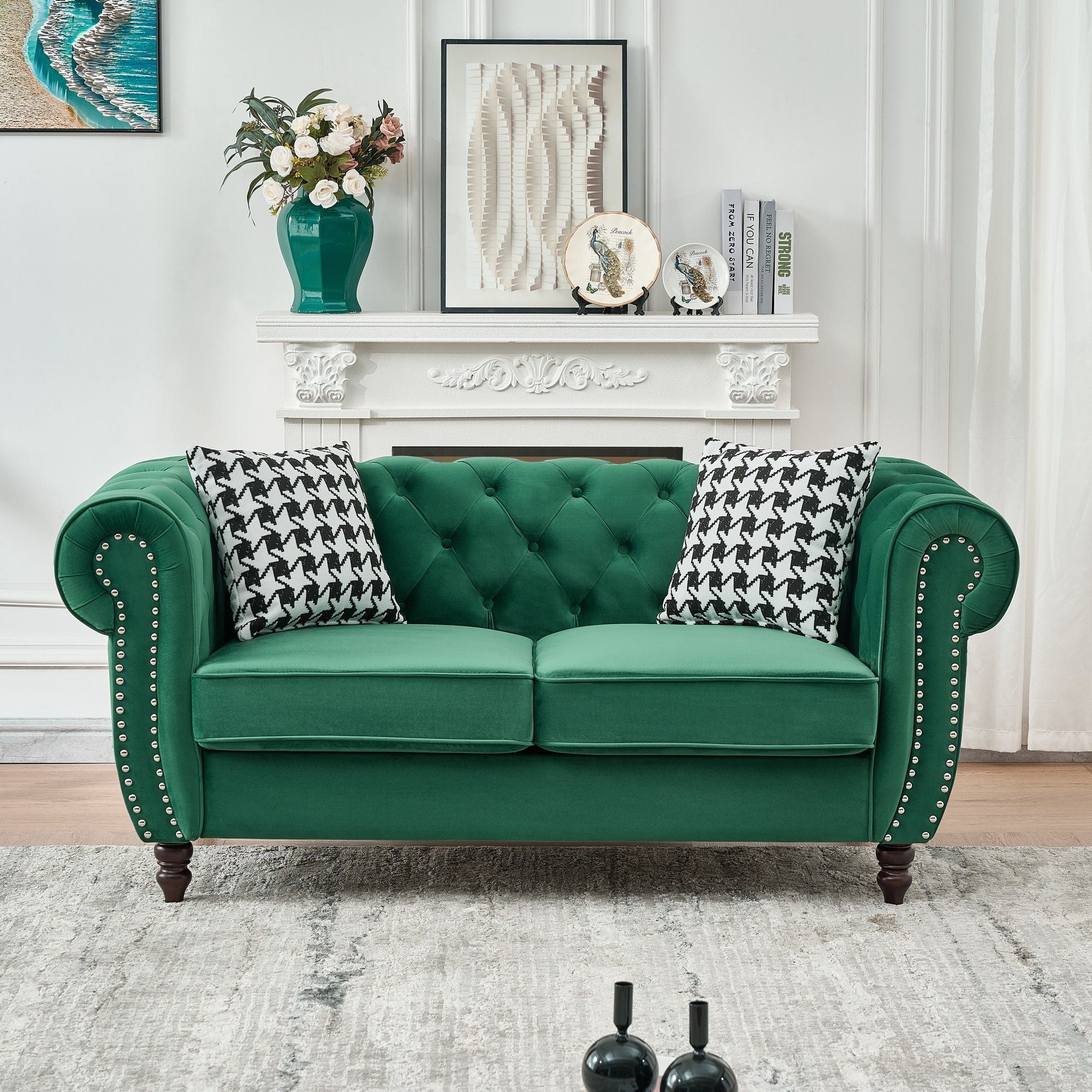 Chesterfield Fabric Sofa With Roll Armrest And Nailhead, Mid Century 2 Seater Couch