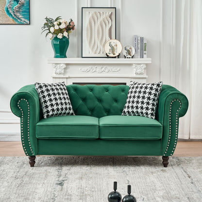 Chesterfield Velvet Fabric Sofa With Roll Armrest And Nailhead, Mid Century 2 Seater Couch