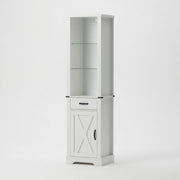 Pantry Cabinet With LED Lights And Barn Door With Tempered Glass Shelves - White