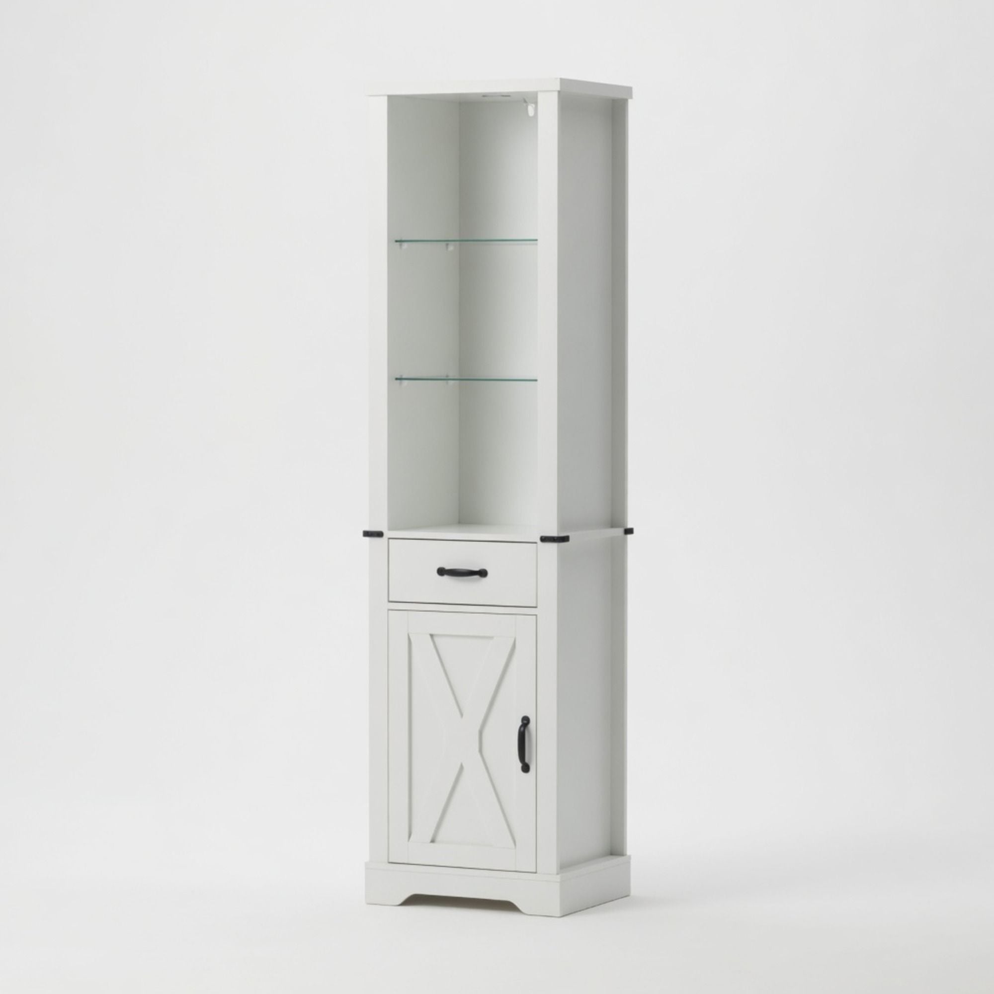 Pantry Cabinet With LED Lights And Barn Door With Tempered Glass Shelves - White