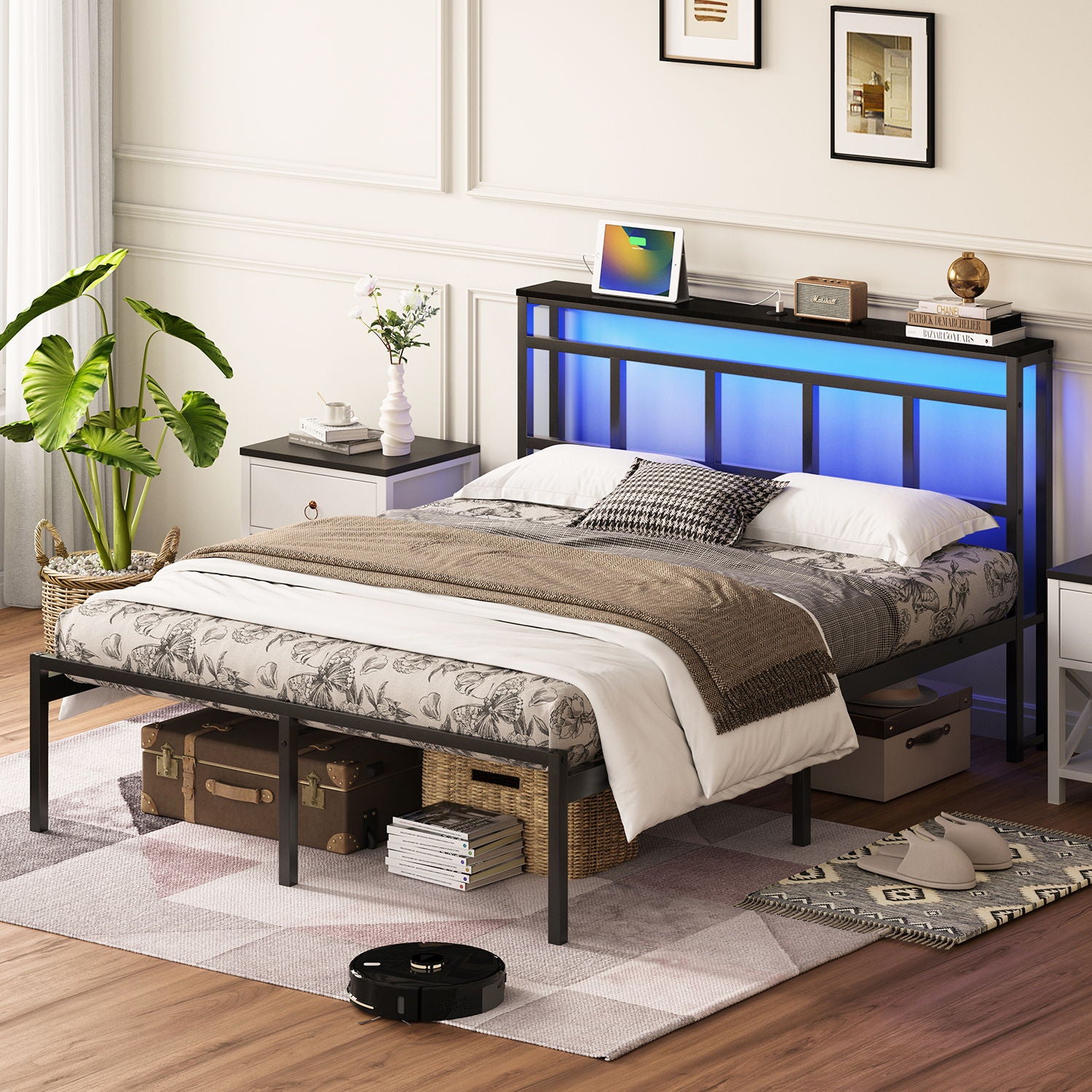 Bed Frame With Storage Headboard With USB C, Type C And LED Light
