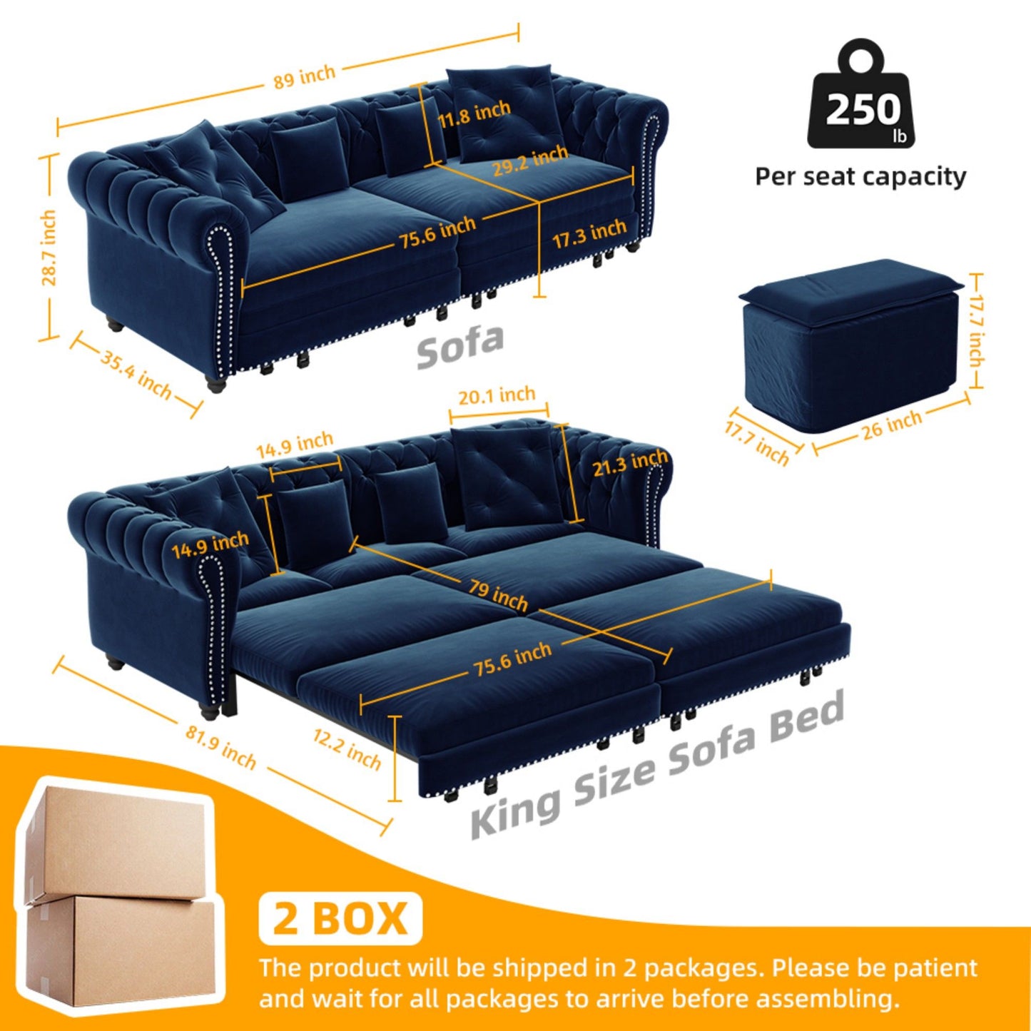 3 In 1 Pull Out Sofa Bed With Movable Ottoman