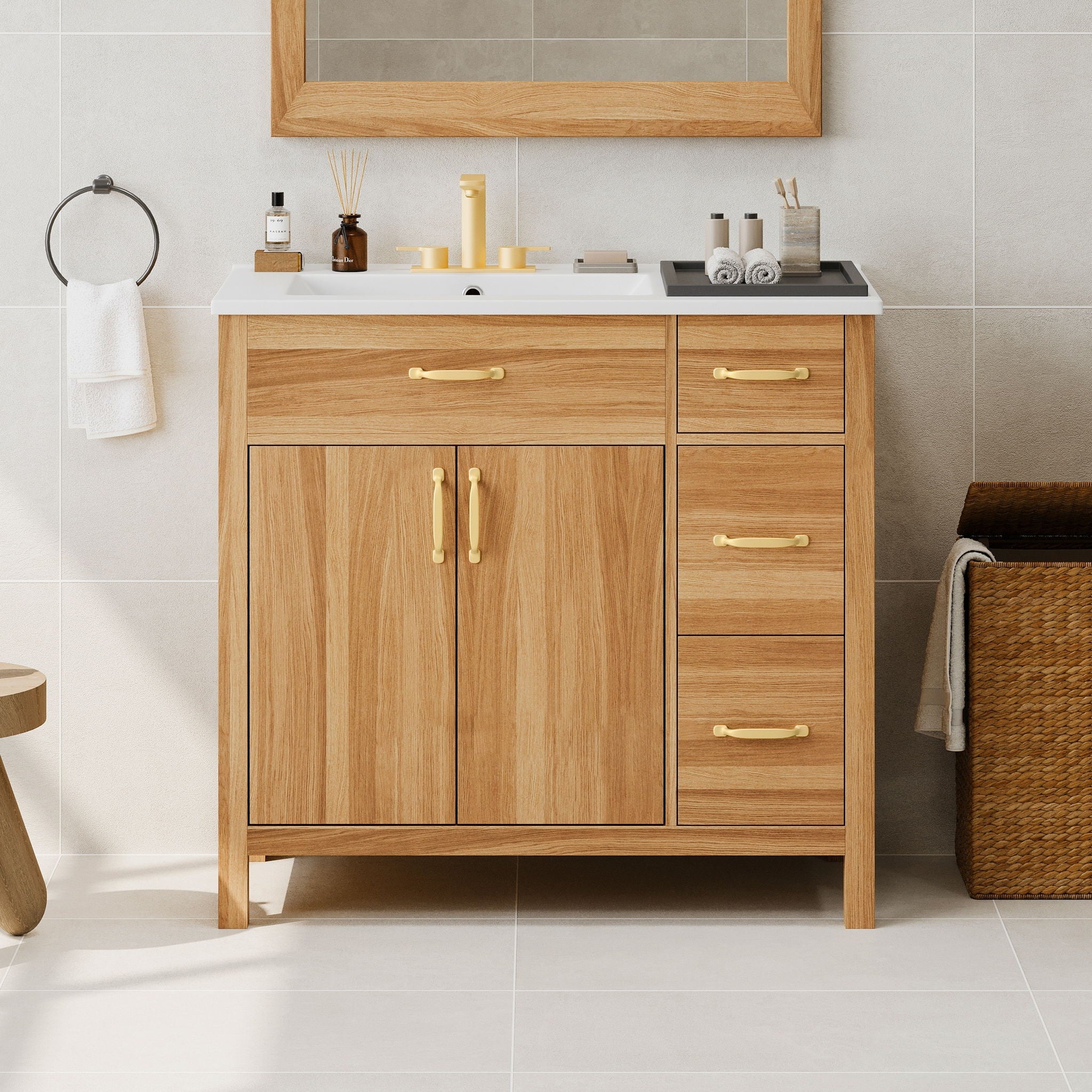 Bathroom Vanity, 2 Soft Close Doors, 3 Soft Close Drawers, Adjustable Shelf - Wood