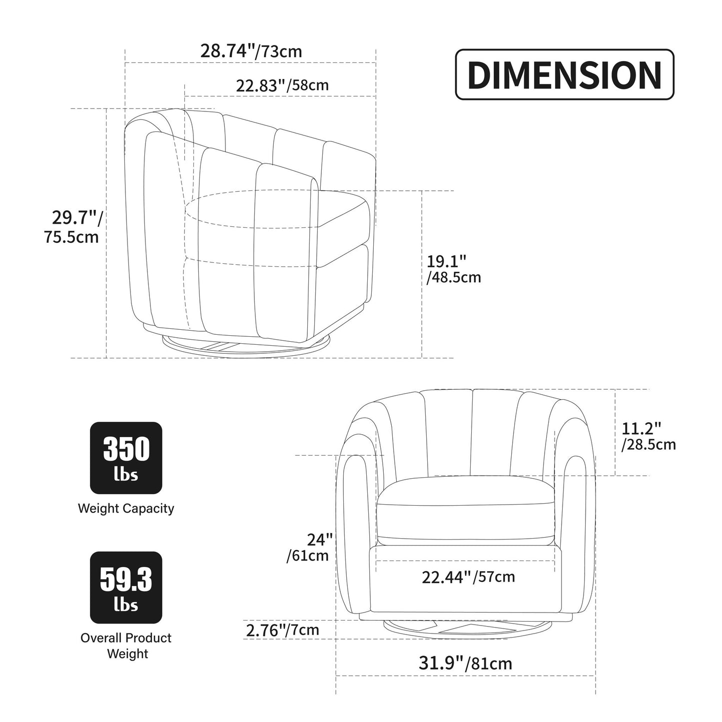 360 Degrees Swivel Upholstered Barrel Armchair For Living Room - Ivory