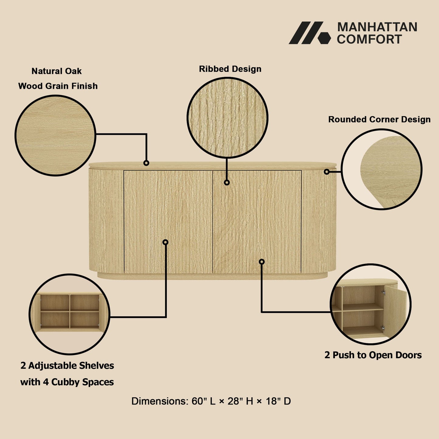 Olivia - Sideboard With 4 Adjustable Shelves With Handle Free Doors And Rounded Edges - Oak