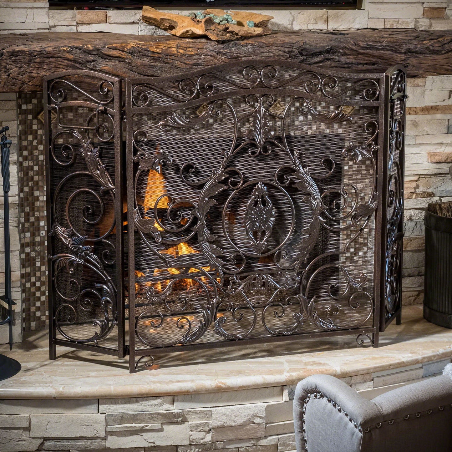 Mariella - Traditional Floral Iron Fireplace Screen With Ornate Design