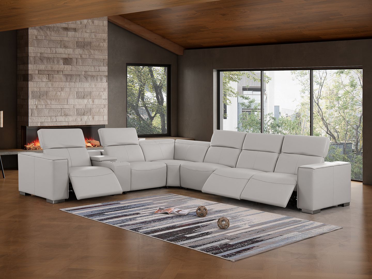 1208 - 7 Piece L-Shaped Leather Reclining Sectional With 3 Power Recliners