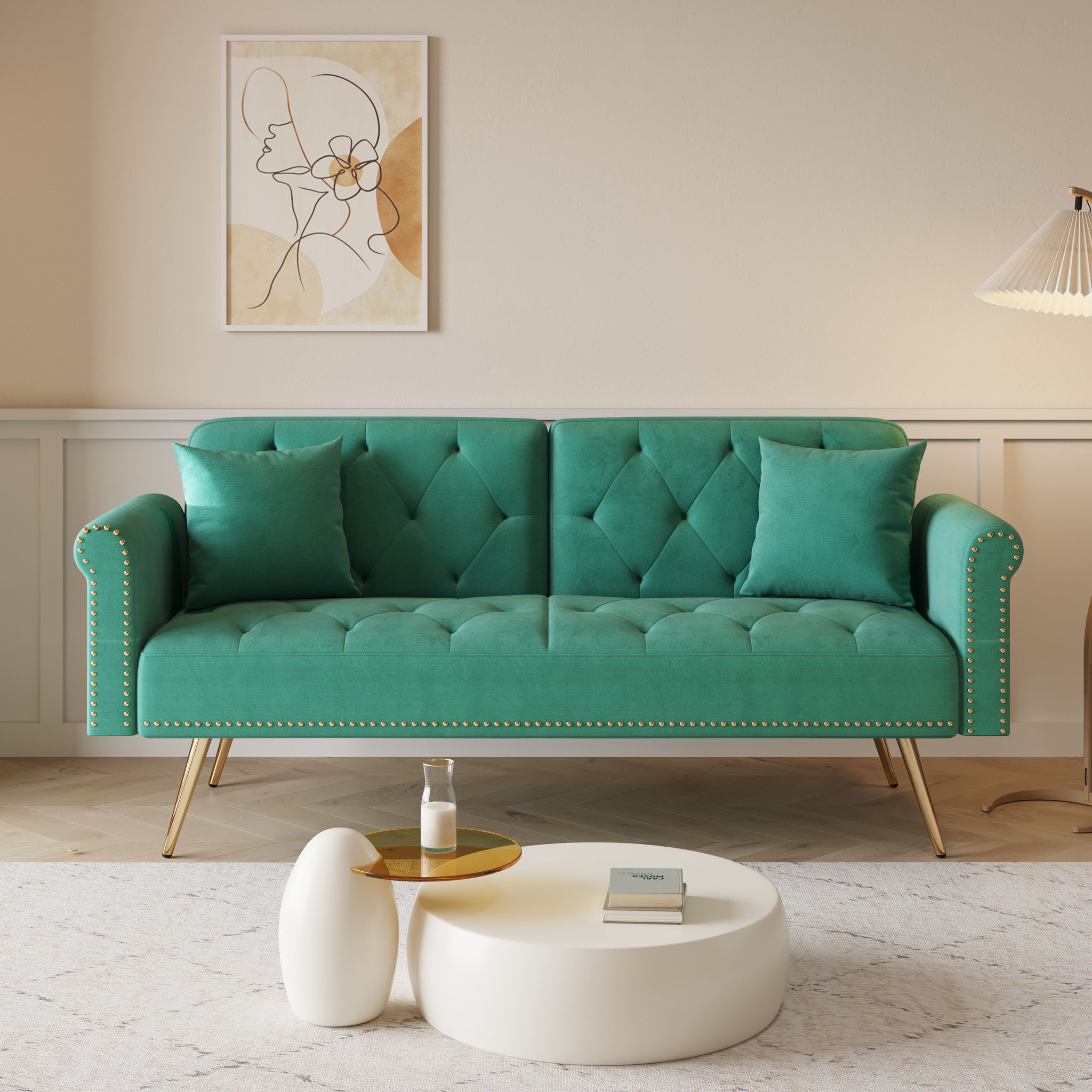 Luxurious Sofa Bed With Nail Head Trim And Matching Pillow