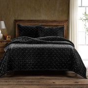 Stella - Full/Queen Faux Silk Velvet Pintuck Quilt Set (Set of 3) - Black