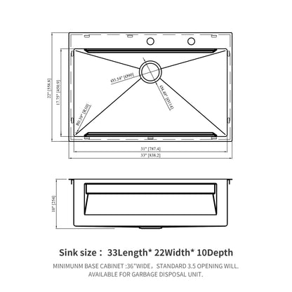 33" Drop In Kitchen Sink Single Bowl 16 Gauge Stainless Steel Ledge Workstation - Black