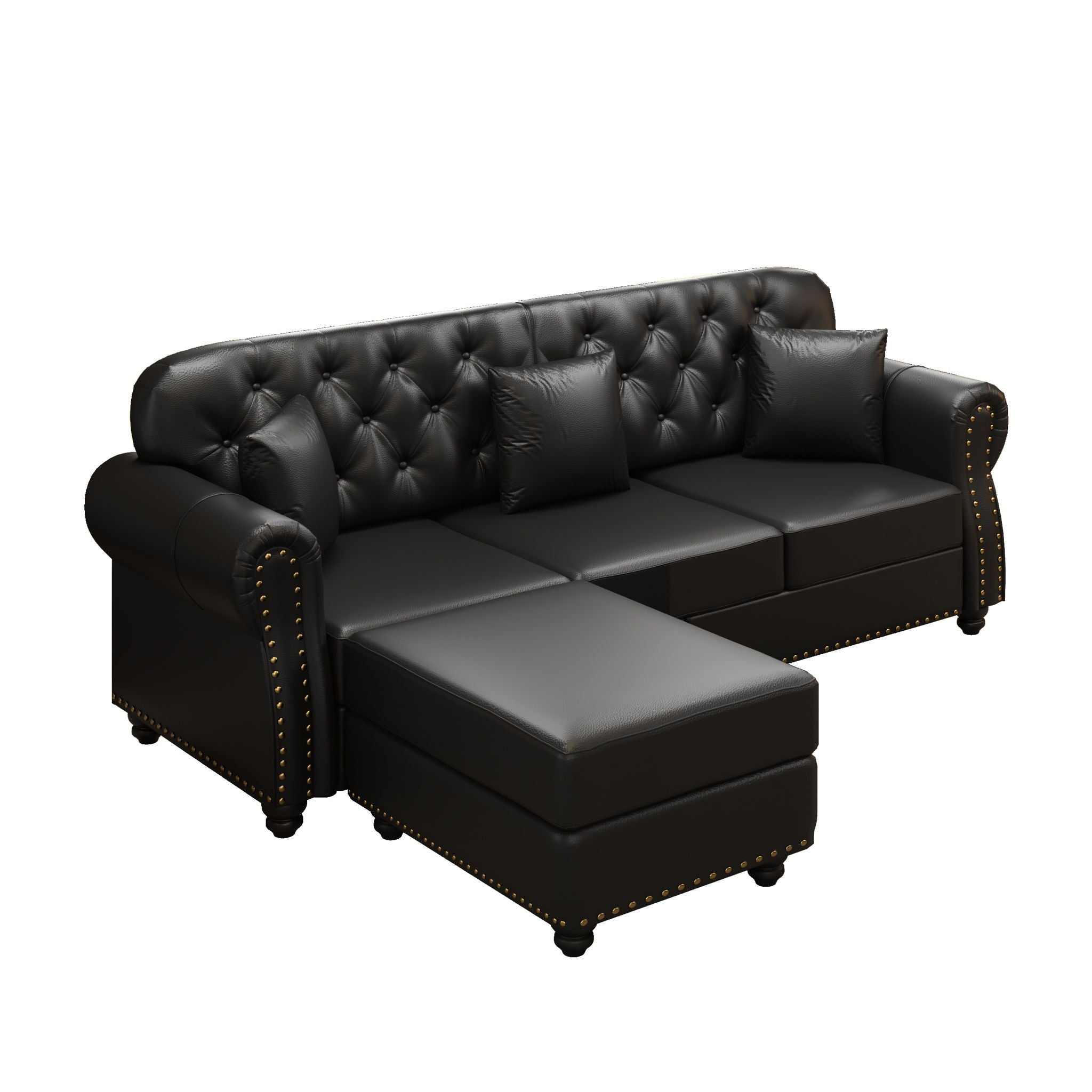 Upholstered Sofa With Nailhead Trim, Rolled Armrests With Ottoman