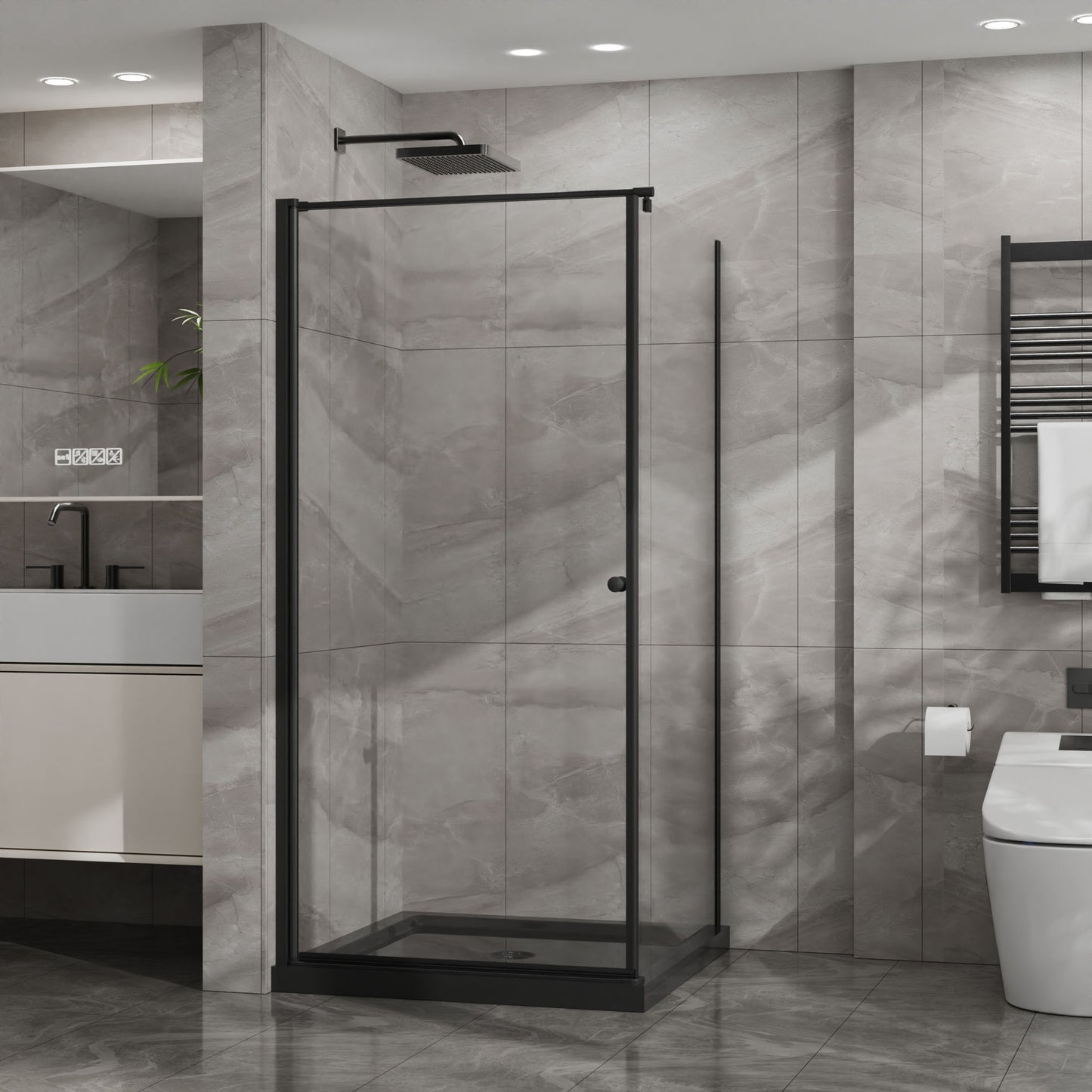 Corner Shower Enclosure, Frameless Pivot Door - Black