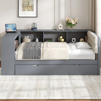Upholstered Headboard Platform Bed With Storage Shelves, Trundle, Charging Station