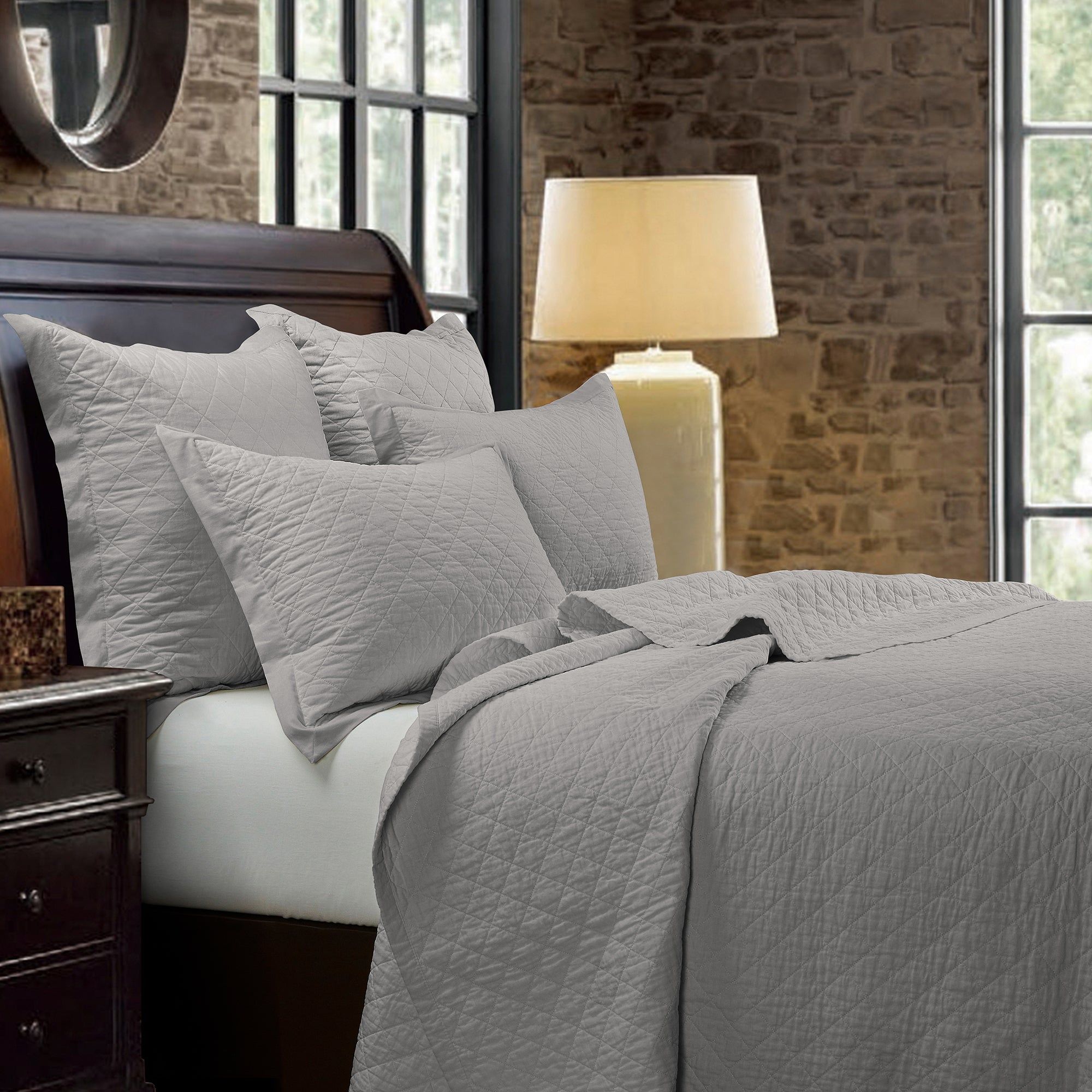 Diamond Linen - Full/Queen Linen Cotton Diamond Quilt Set (Set of 3) - Gray