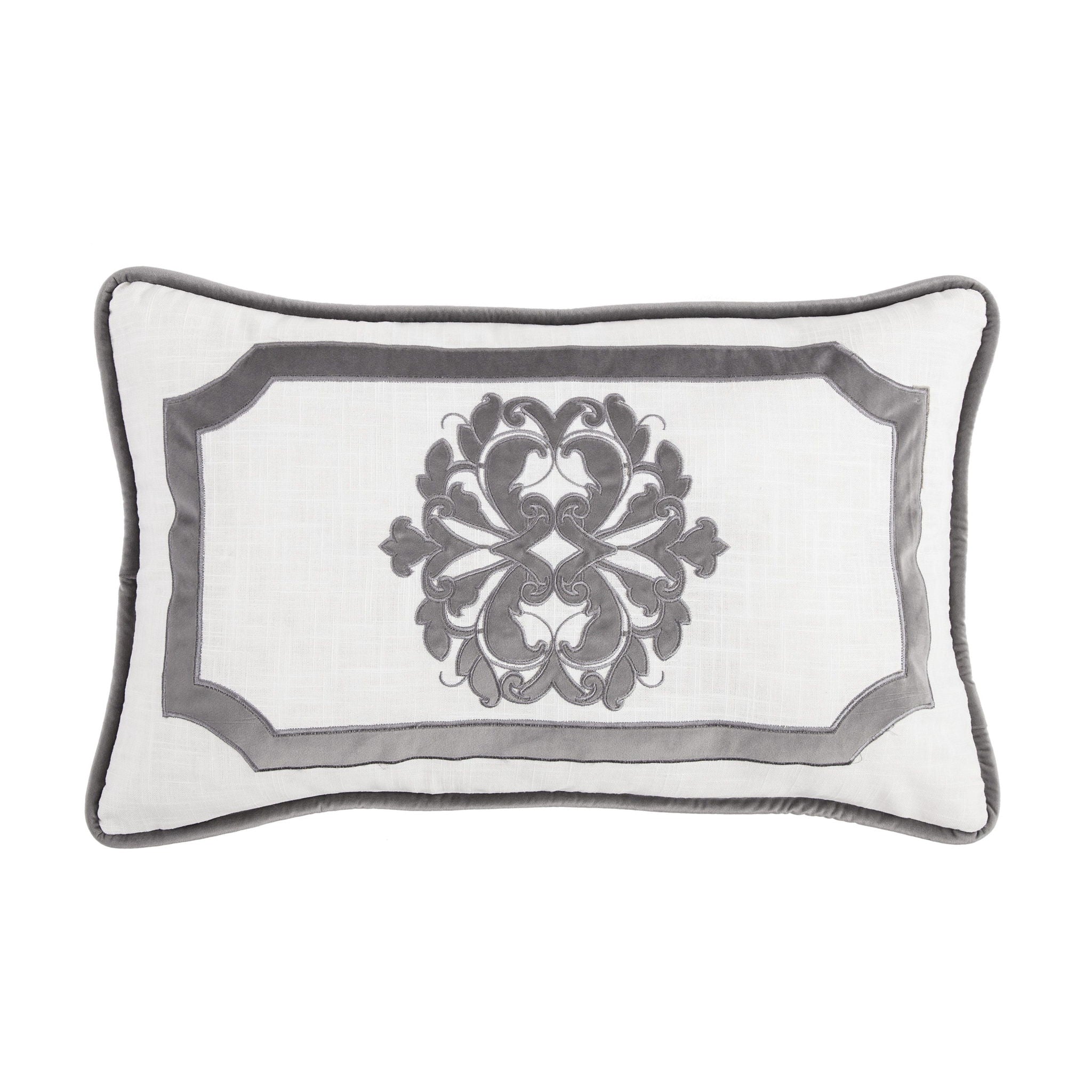 Madison - Velvet Embroidered White Oblong Pillow - White / Gray