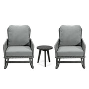 Modern 3 Piece Outdoor Seating Set With Cushioned Rattan Rocking Chairs And Wooden Accent Table