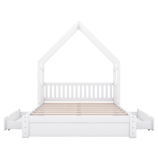 House Style Platform Bed With Guardrail And 2 Drawers