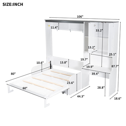 Multi Functional Murphy Bed With Sofa, Desk, And Storage Cabinet, Queen Size - White