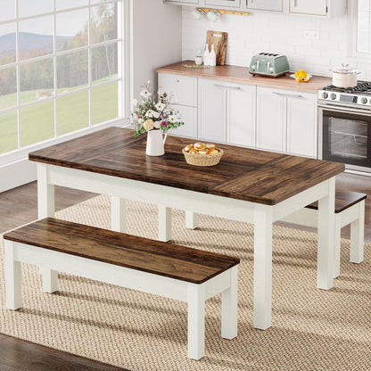 Dining Table Set For 4 - 6 With Tuck Under Benches - Brown / White