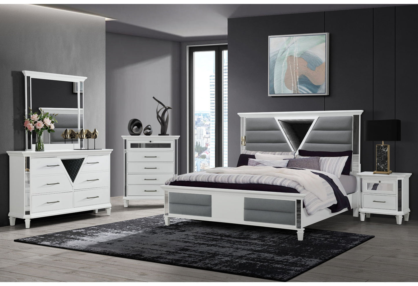 Marco - 4 Piece Queen Bedroom Set (Queen Bed, Dresser, Mirror And Nightstand) - Metallic White