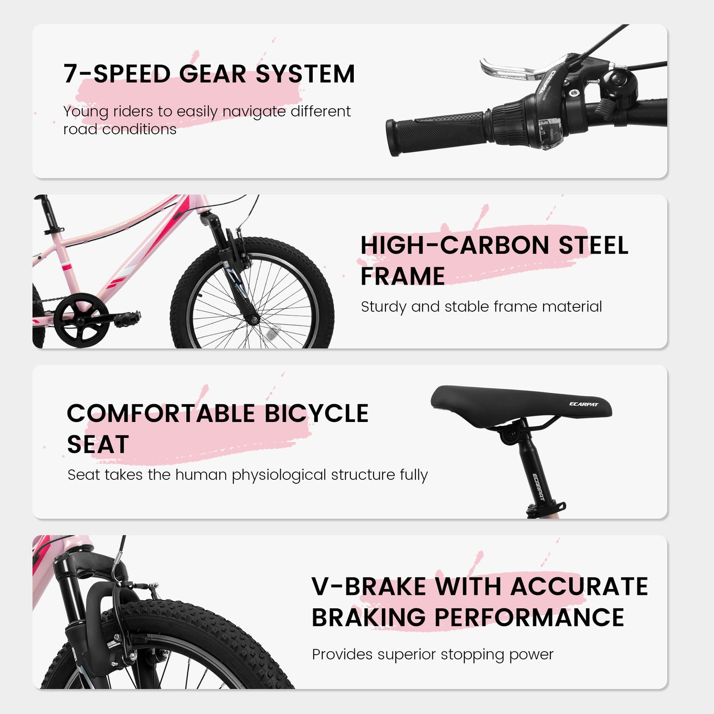 20" Children's Bicycle Shock Absorbing Front Fork 7 Speed V Brakes Mountain Tire Boys And Girls Kids Bike For Outdoor Adventure - Pink