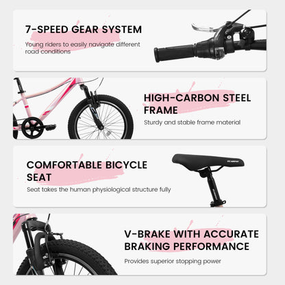 20" Children's Bicycle Shock Absorbing Front Fork 7 Speed V Brakes Mountain Tire Boys And Girls Kids Bike For Outdoor Adventure - Pink