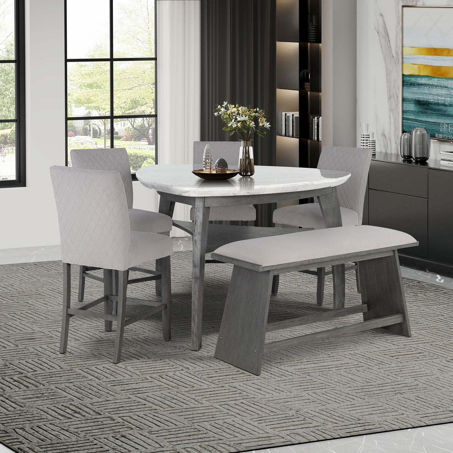 Jasmine - Bar Table With Arched Legs And Marble Top, Triangular Shape - Gray