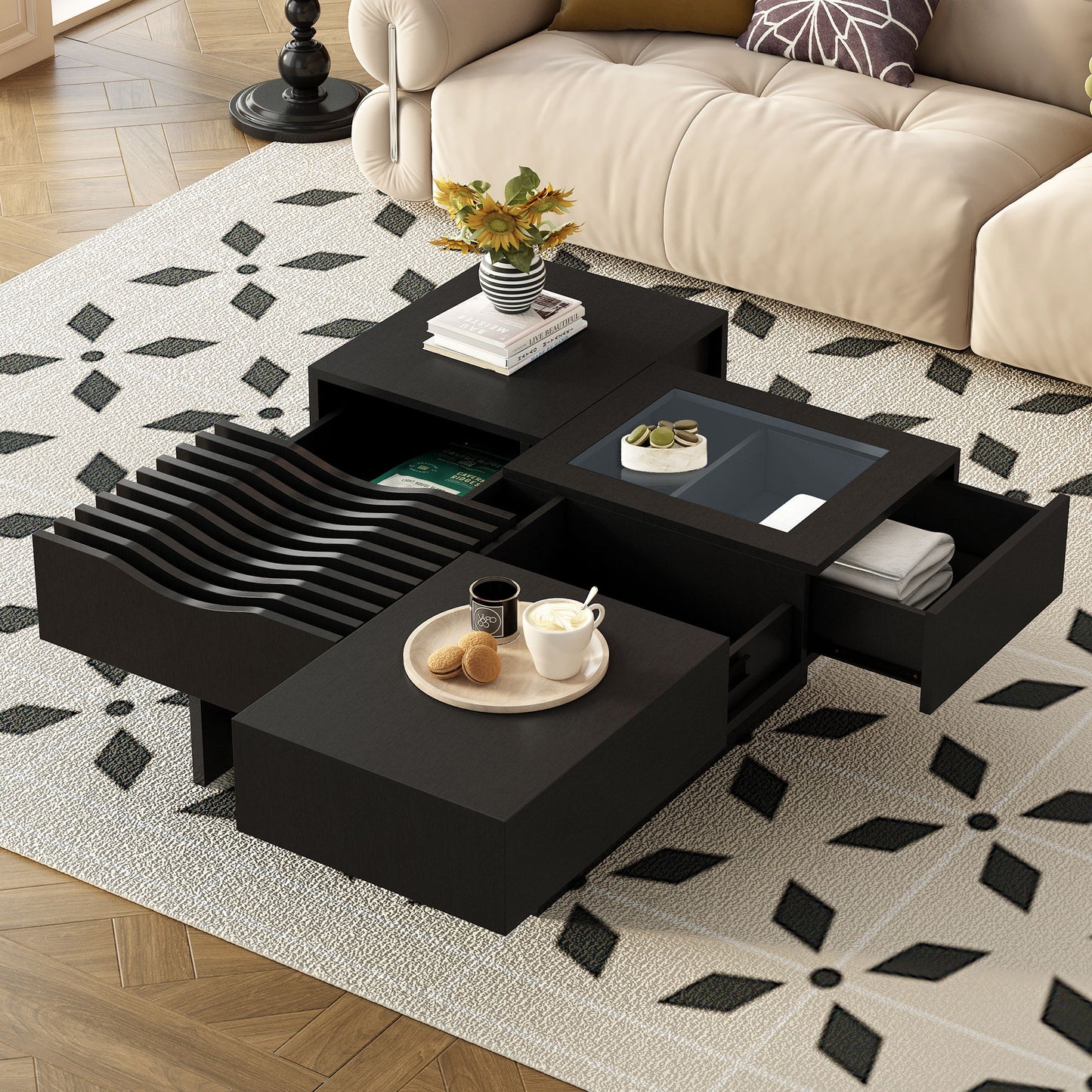 Unique Square Coffee Table With 3 Drawers