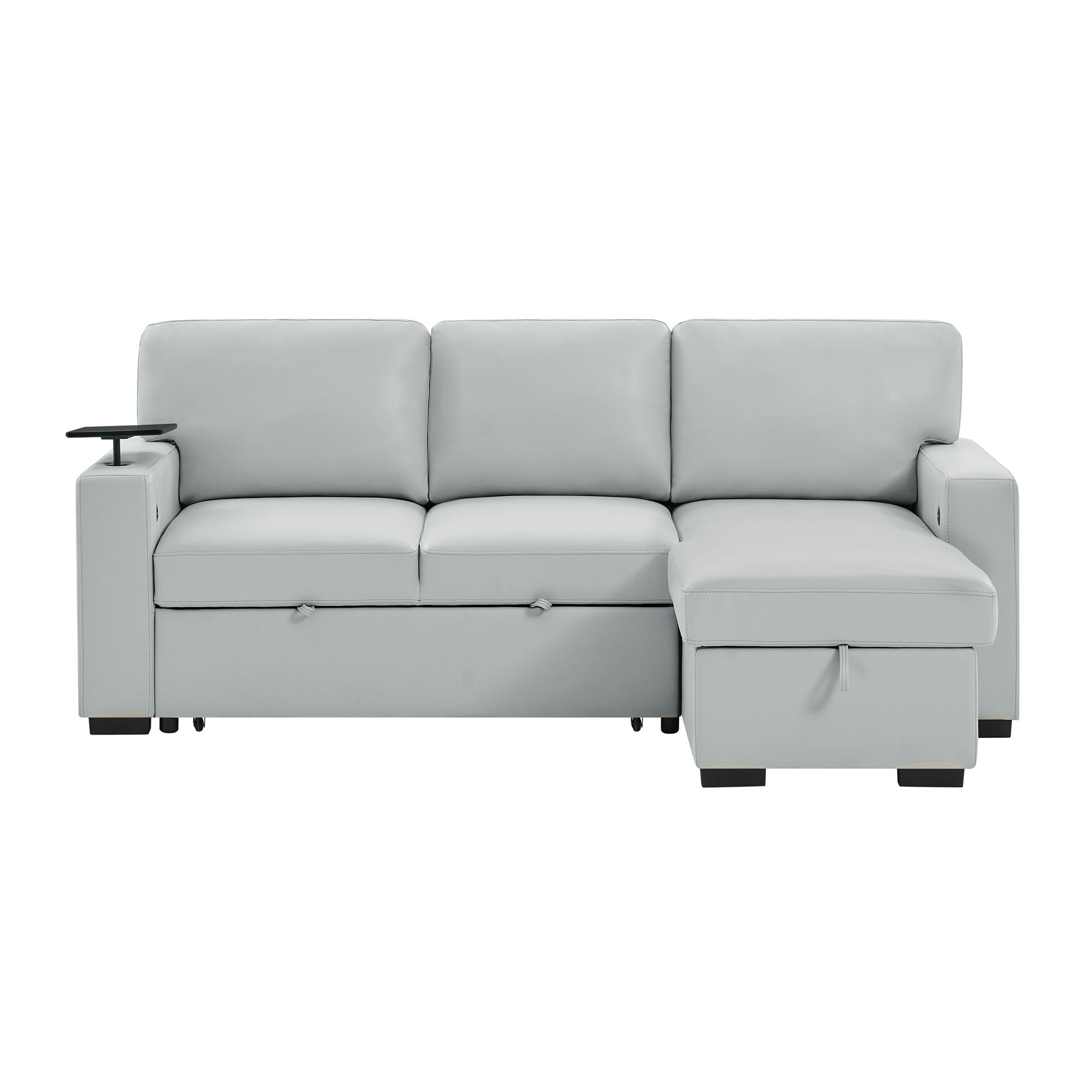U0212 - Pull Out Sofa Bed With 1 Table Tray, 1 USB, And Storage Chaise - Silver