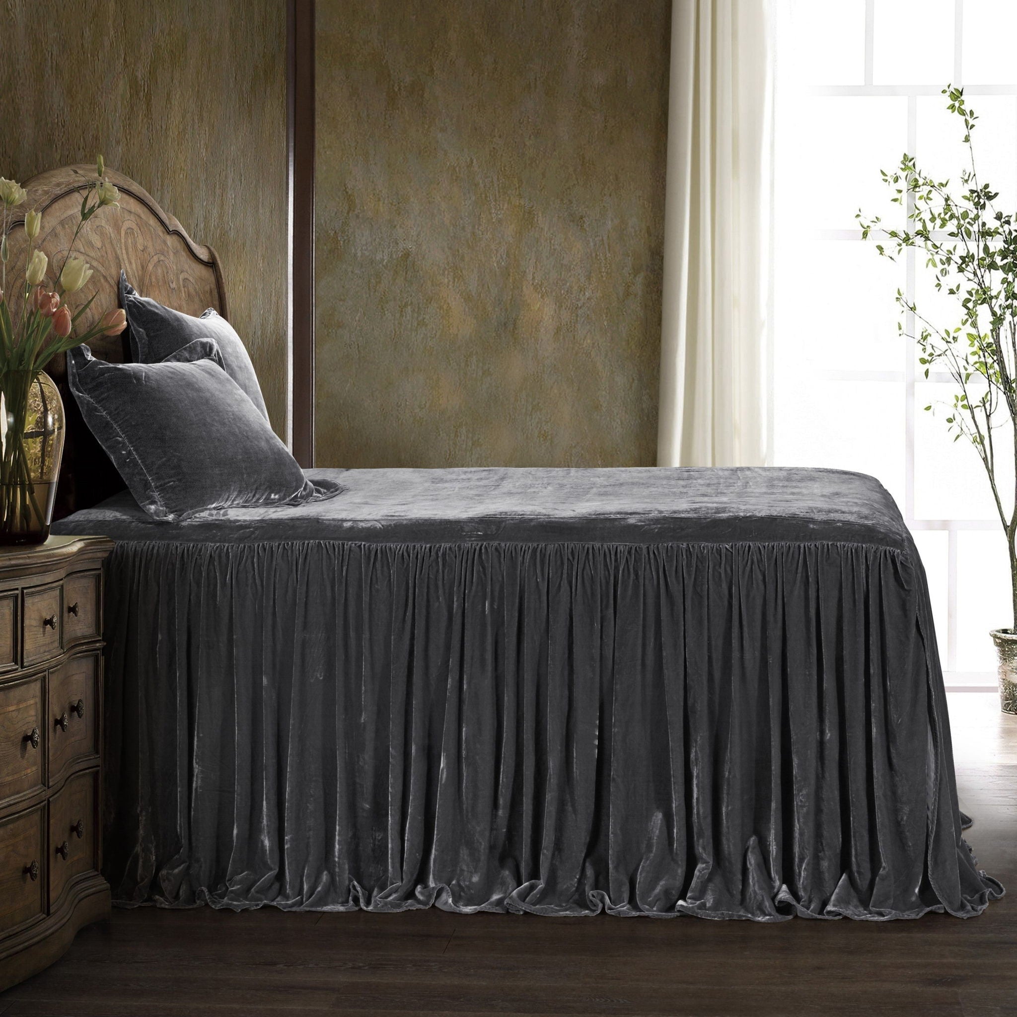 Stella - Queen Faux Silk Velvet Bedspread Set (Set of 3) - Dark Slate