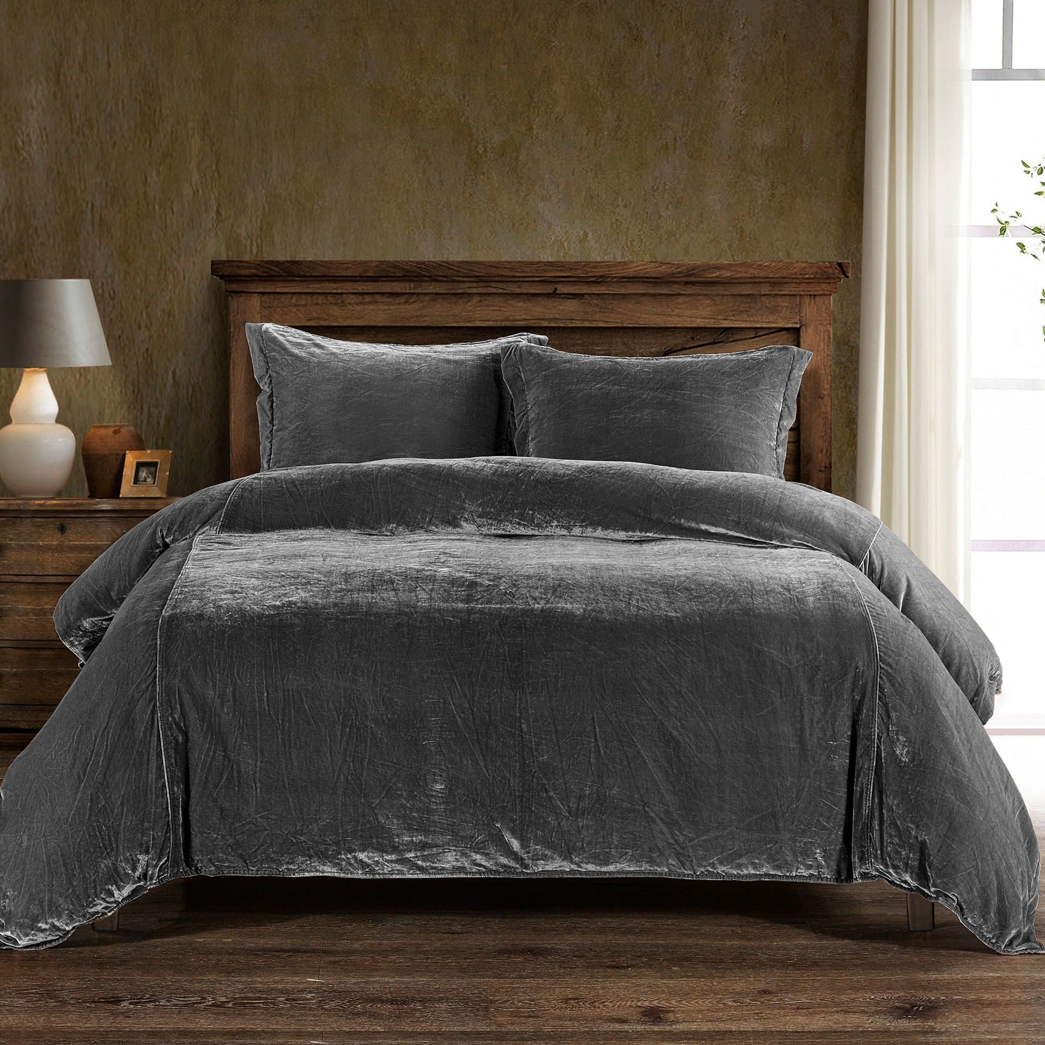 Stella - King Faux Silk Velvet Duvet Cover Set (Set of 3) - Dark Slate