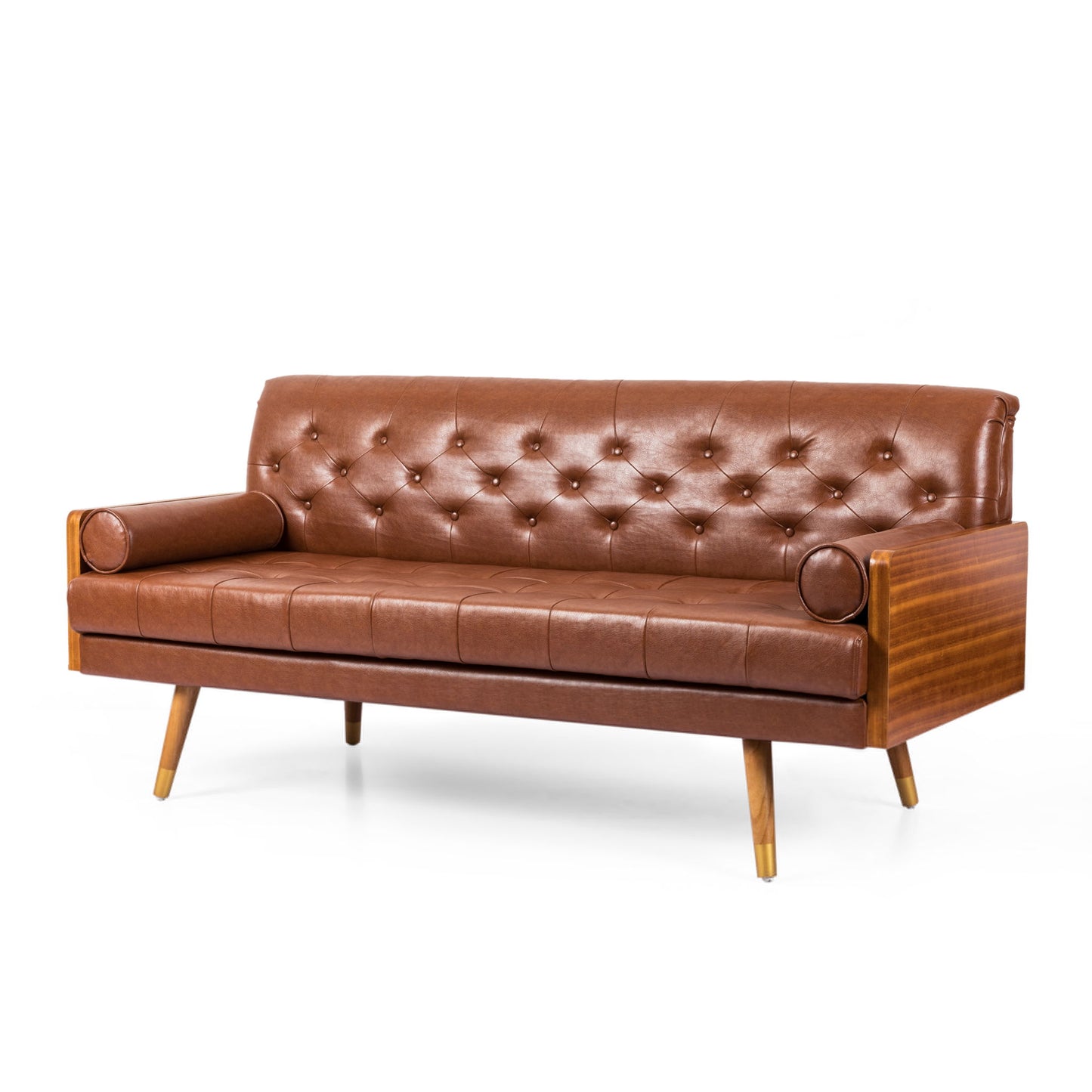 Adelaide - Mid Century Modern Tufted Sofa With Rolled Accent Pillows - Light Brown